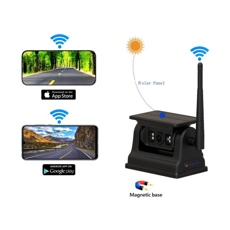 1080P WiFi Haririk gabeko Atzeko Kamera Android iOS-erako, eguzki-karga eta muntaketa magnetikoarekin