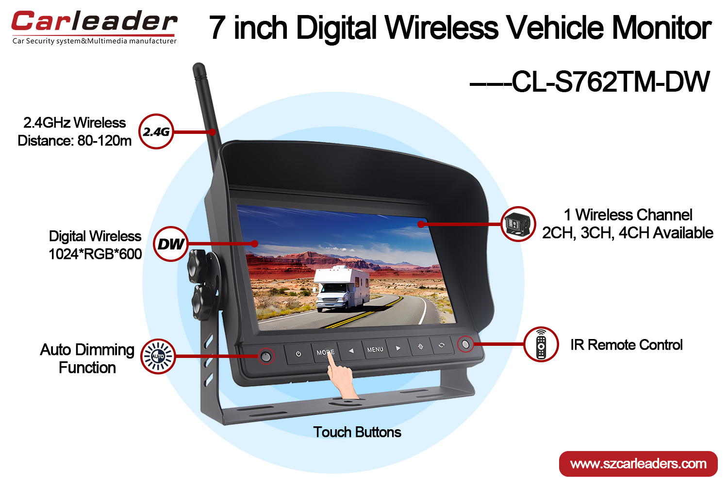 7 hazbeteko haririk gabeko autoen monitore digitala