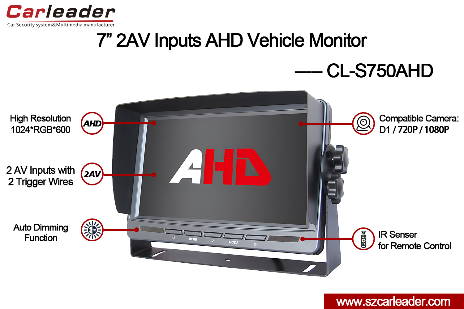 7 hazbeteko TFT LCD Autoaren Atzeko Bista AHD Monitorea