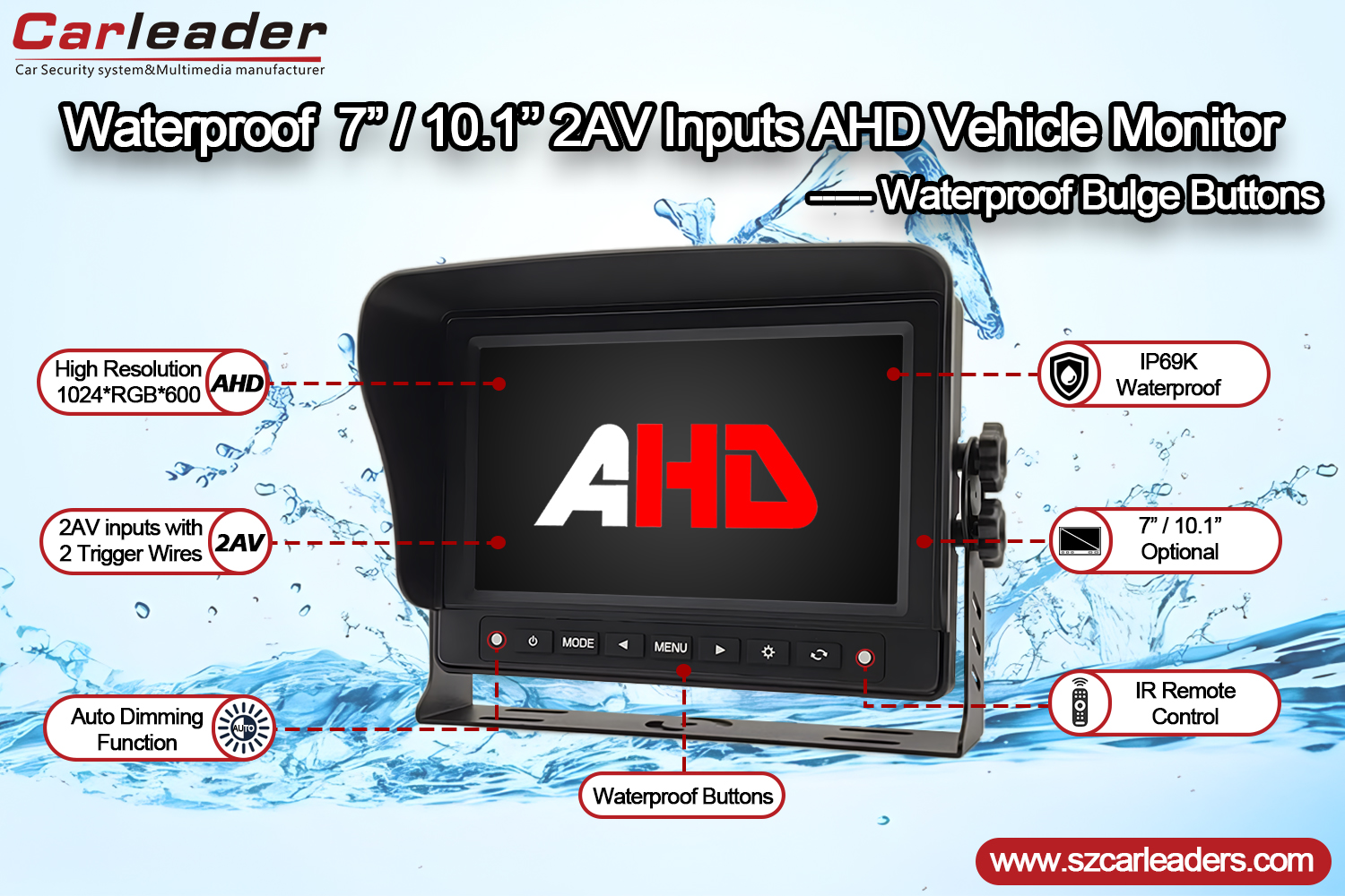 7 hazbeteko AHD IP69K Autoaren atzeko ikuspegiko monitore iragazgaitza