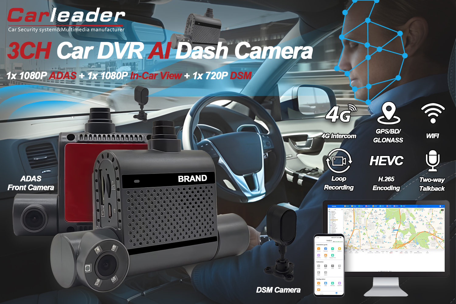 4G Dual AI Dash Kamera ADAS eta DSMrekin