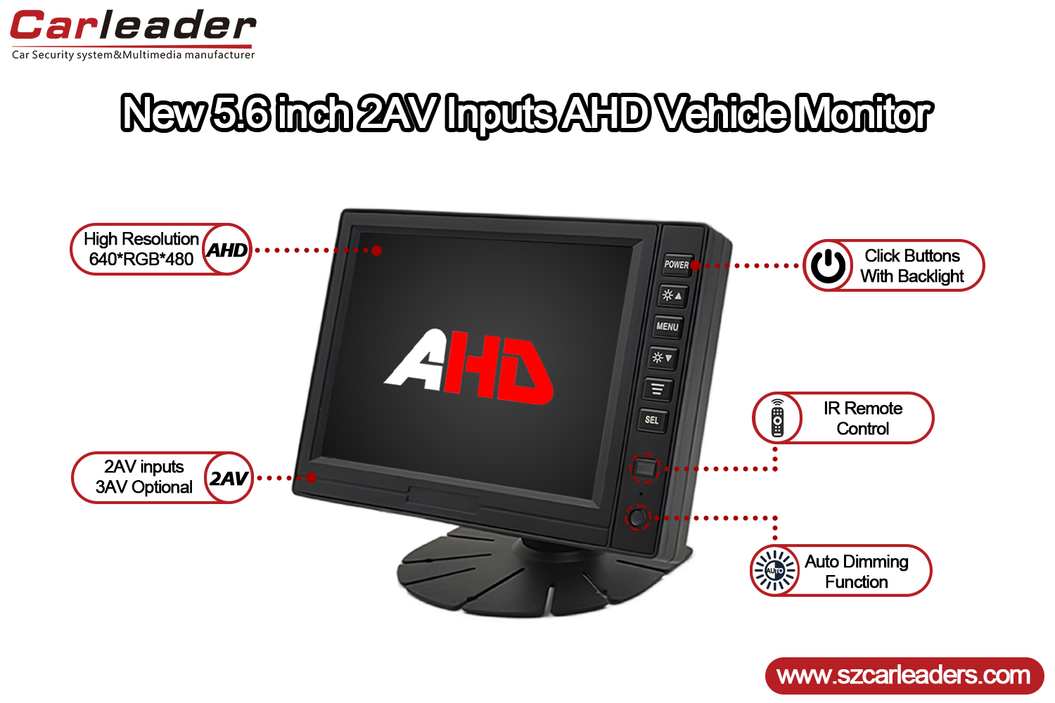 5 hazbeteko TFT LCD panel digitala AHD monitorea