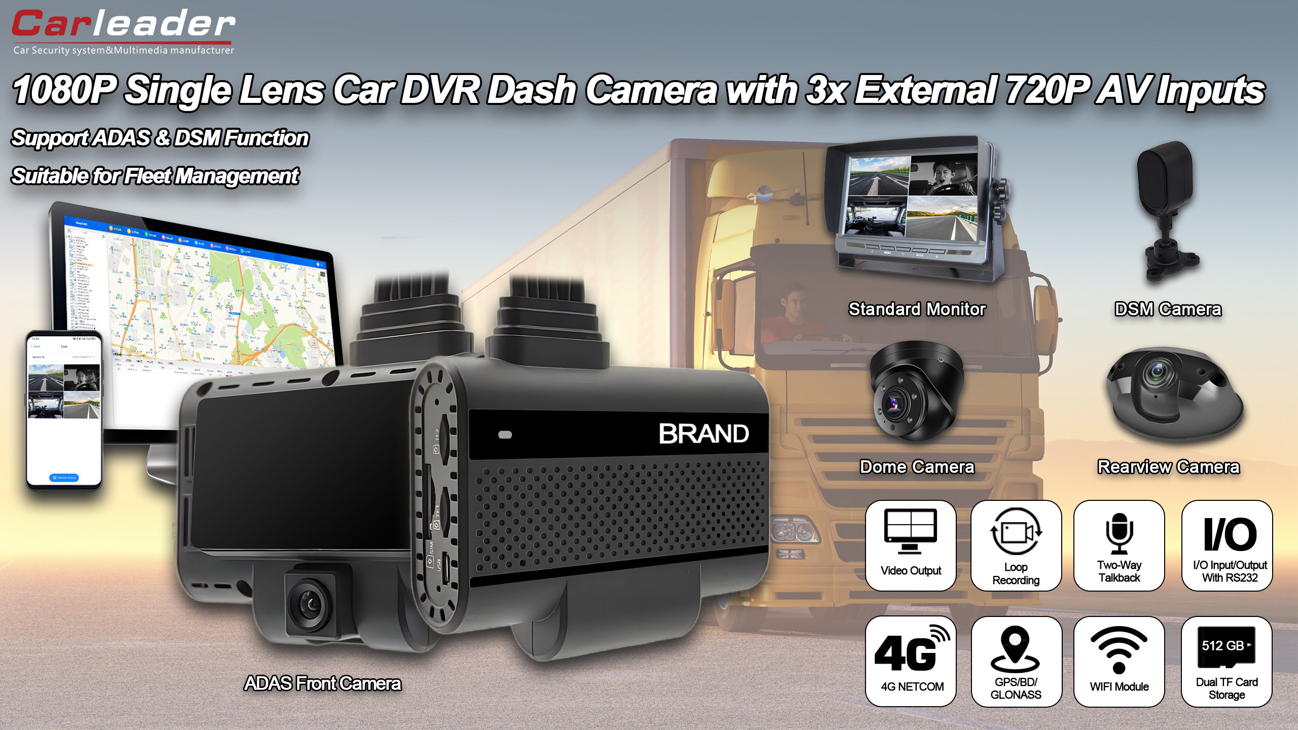 Carleader 4ch DVR AI Dash Kamera Sistema Flotaren Kudeaketarako